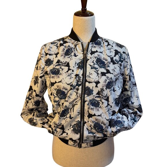 Forever 21 Floral Bomber Jacket – Black & White – Size S - Picture 1 of 5